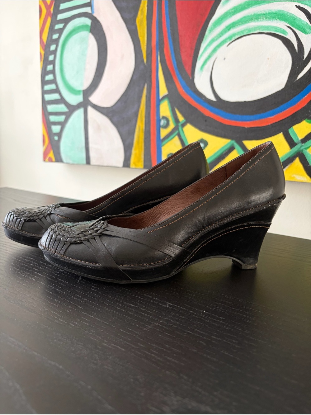 Clarks Black Leather Wedge Pumps – Woven Detail Comfort Shoes size 9
